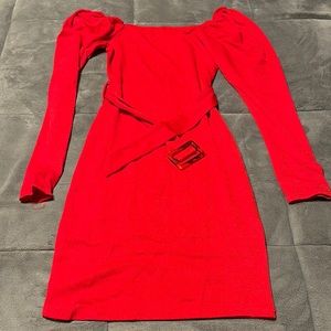 Red off the shoulder mini dress with belt